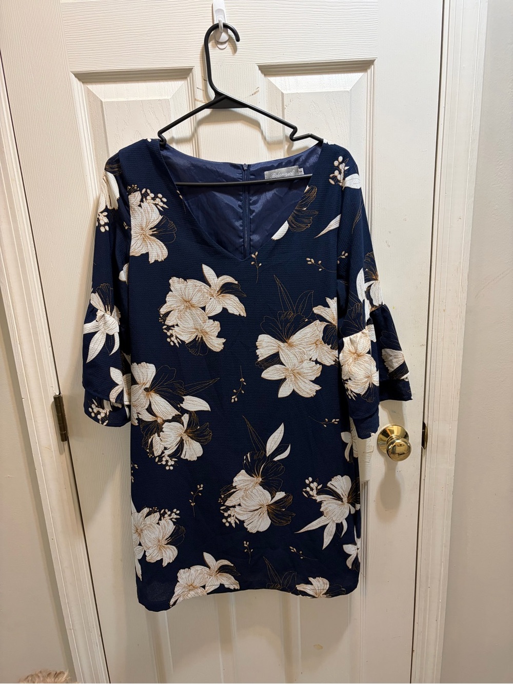 Floral V-Neck Navy Dress with Cream Blooms